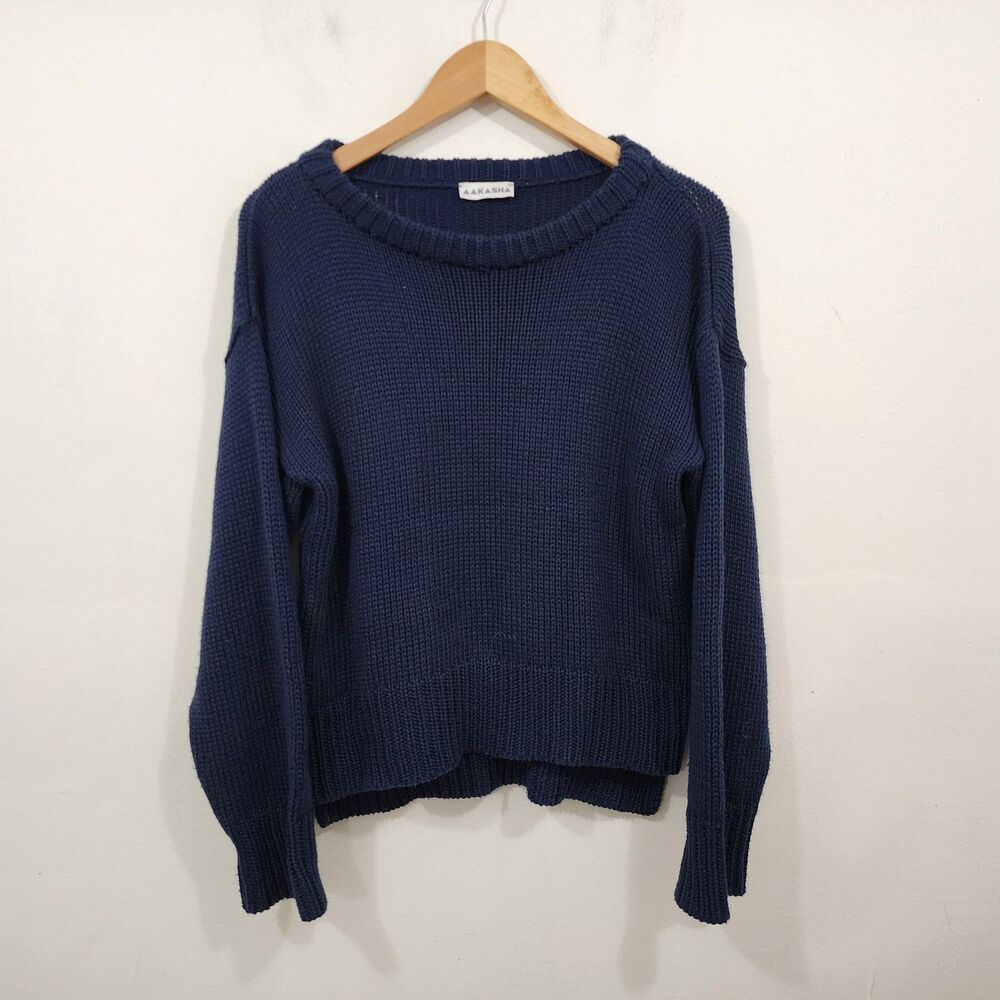 Aakasha High Low Hem Open Knit Sweater Navy Blue Womens M Long Sleeve Boat Neck